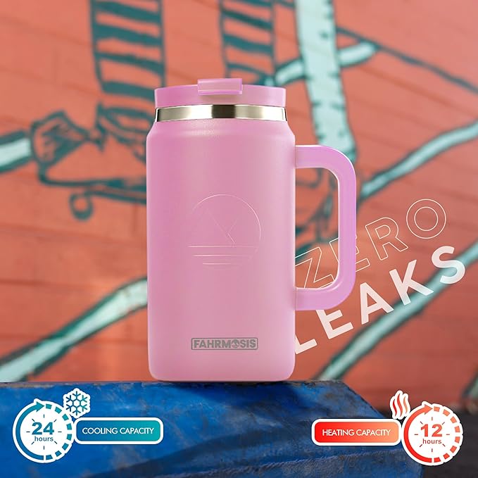 50 oz Insulated Tumbler with Handle & Straw – Stainless Steel Travel Mug (Pink)
