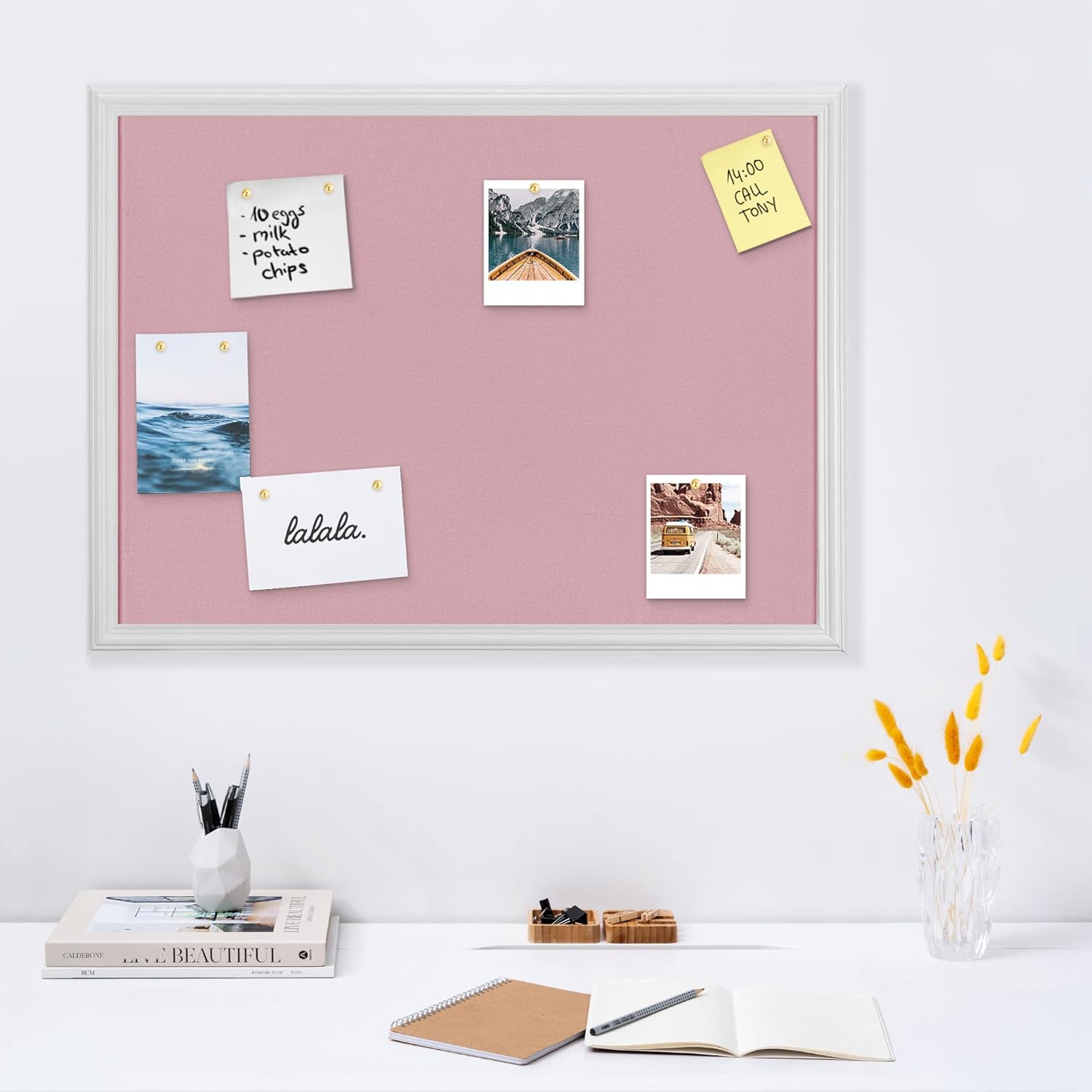 Navaris Framed Fabric Bulletin Board - 18 x 24 Inch Plush Jewelry Organizer Pinboard for Wall - Rose with White Frame - Includes 24 Push Pins