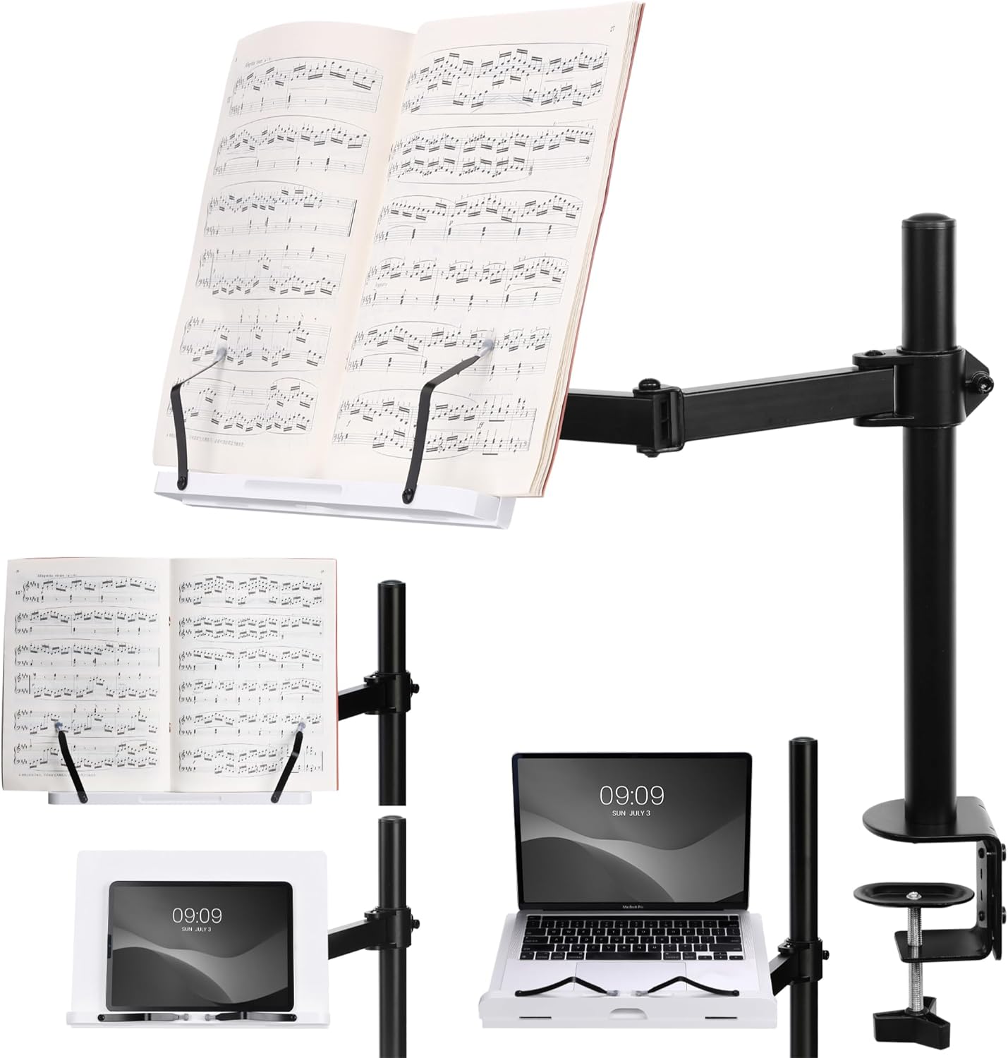 Navaris Wooden Book Stand with Clamp – White Adjustable Reading & Tablet Holder (34 x 45 x 55 cm)