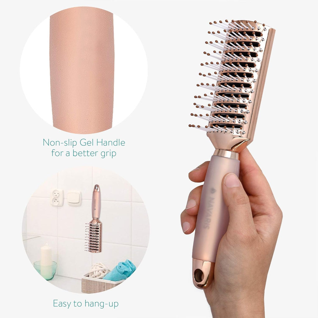 Navaris Vented Hair Brush - Detangling & Styling Hairbrush with Comfort Gel Handle and Wide Bristles - Rose Gold