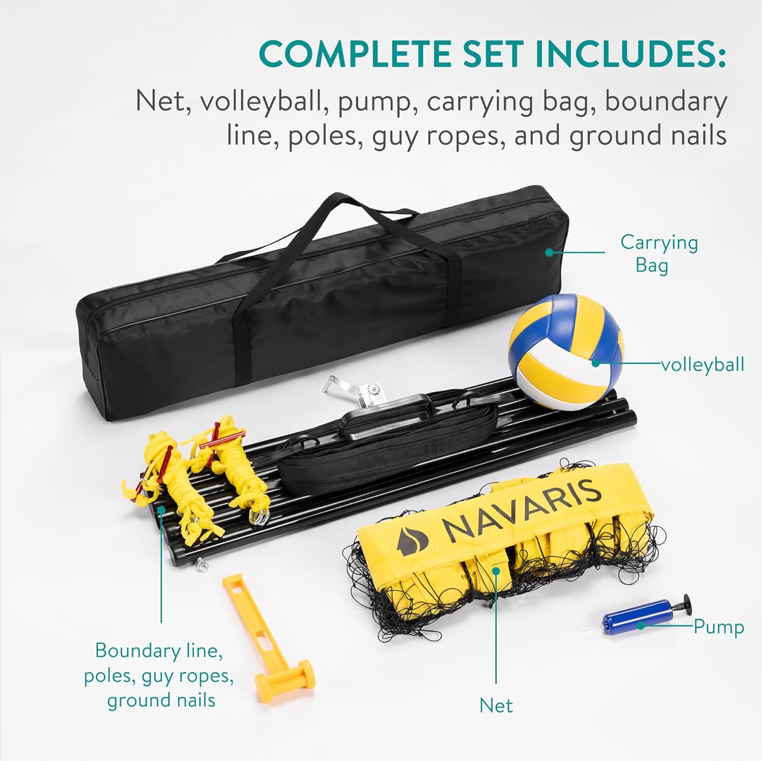 Navaris Portable Volleyball Set – Complete Outdoor Volleyball System with Adjustable Net Height & Carry Bag