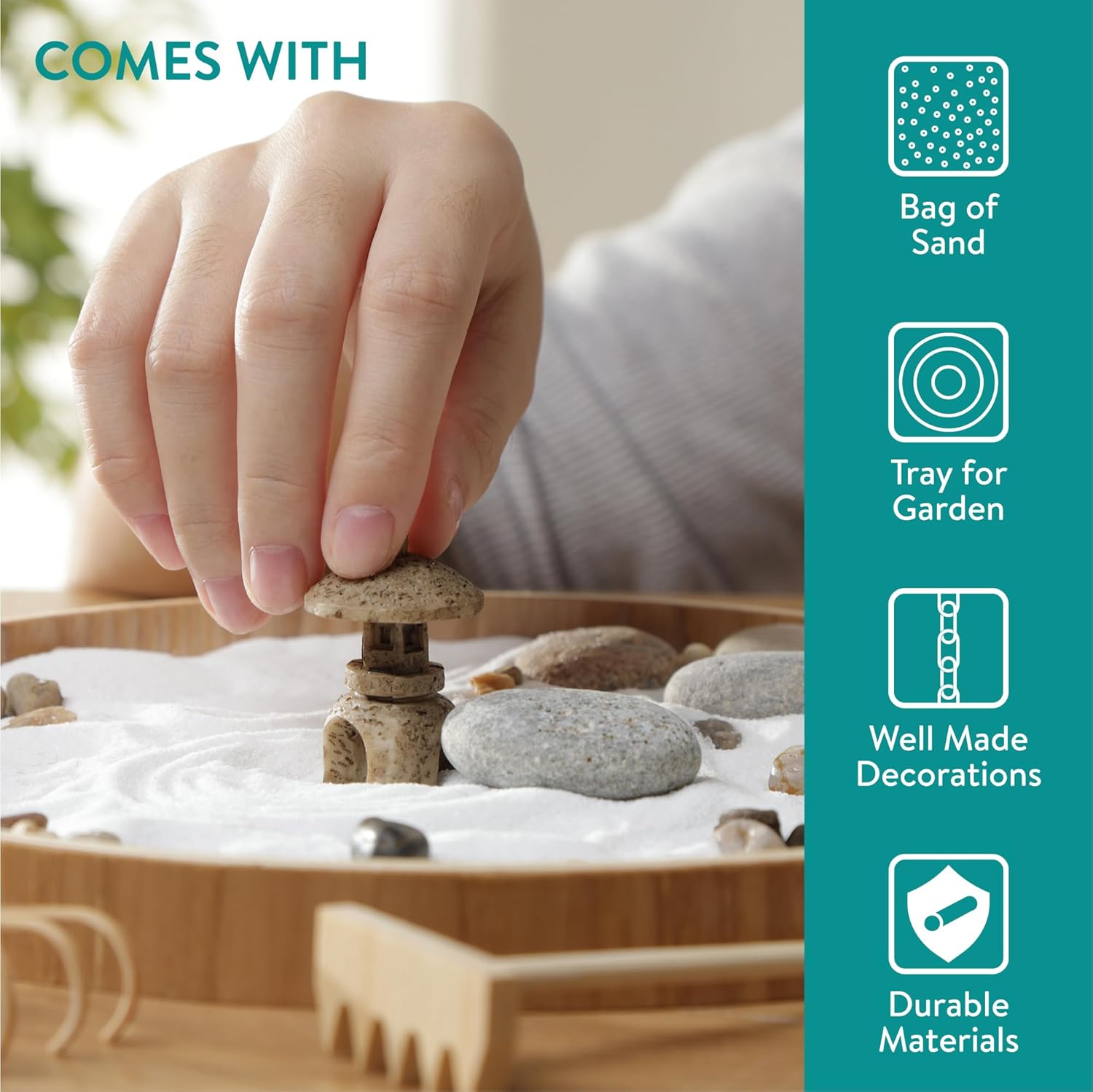 Navaris Zen Garden Kit – Mini Japanese Sand Garden with White Sand, Meditation Stones & Decorative Ornaments, Round MDF Tray