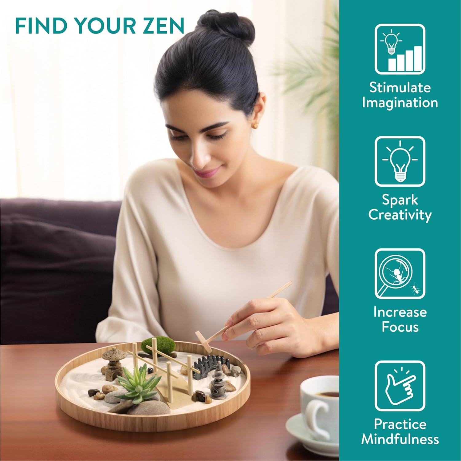 Navaris Zen Garden Kit – Mini Japanese Sand Garden with White Sand, Meditation Stones & Decorative Ornaments, Round MDF Tray