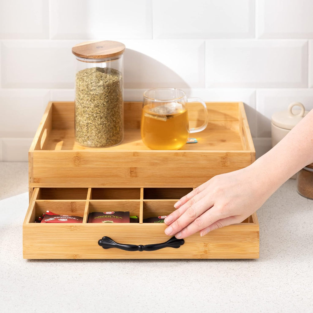 Navaris Bamboo Tea Box & Serving Tray – 12 Compartment Tea Storage Organizer with Removable Carry Tray & Tea Bag Drawer
