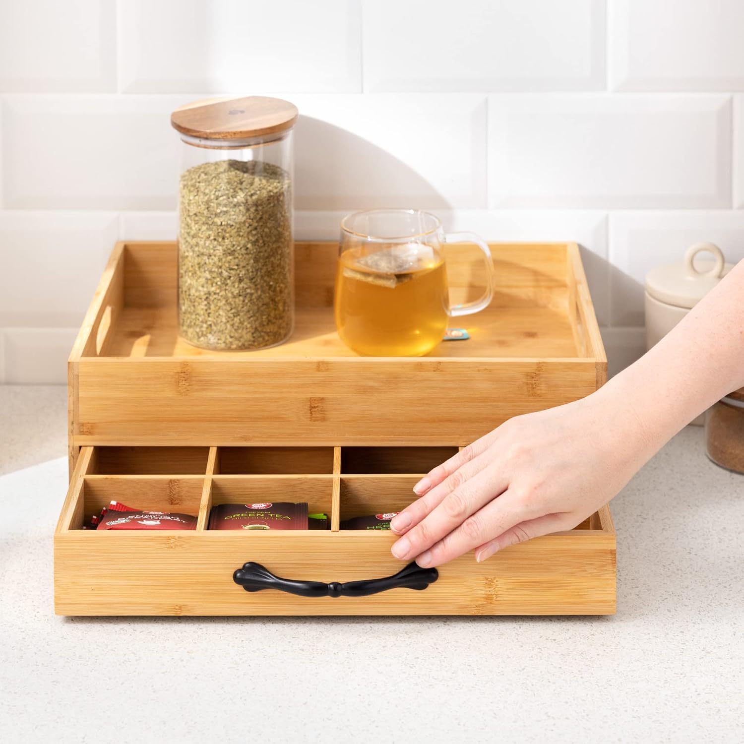 Navaris Bamboo Tea Box & Serving Tray – 12 Compartment Tea Storage Organizer with Removable Carry Tray & Tea Bag Drawer