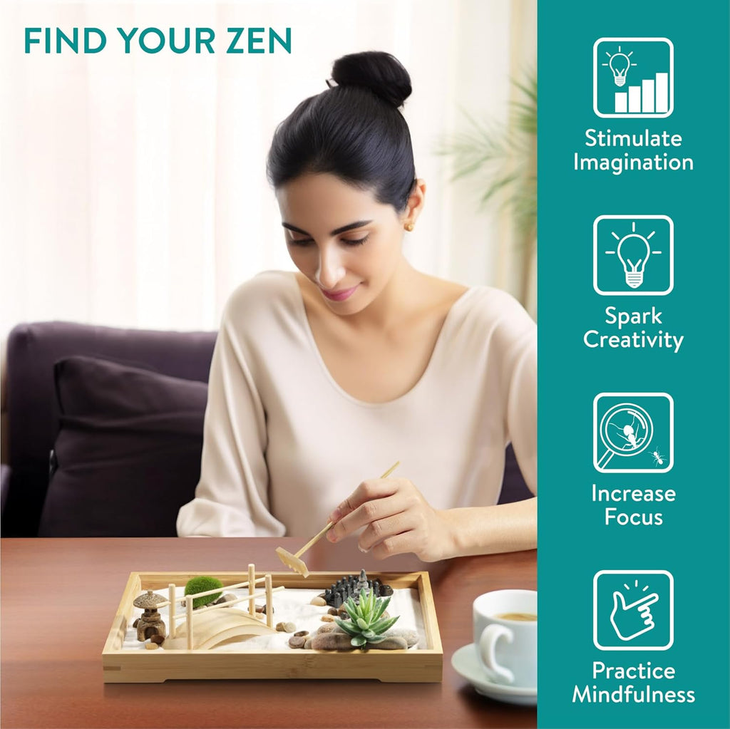 Navaris Zen Garden Kit – Mini Japanese Sand Garden with White Sand, Meditation Stones & Decorative Ornaments, Rectangular Bamboo Tray