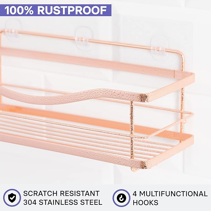 Kincmax Wall Mounted Bathroom Shelf – Rose Gold Metal Storage Rack with Guard Rail for Shower & Kitchen (2 Pack)