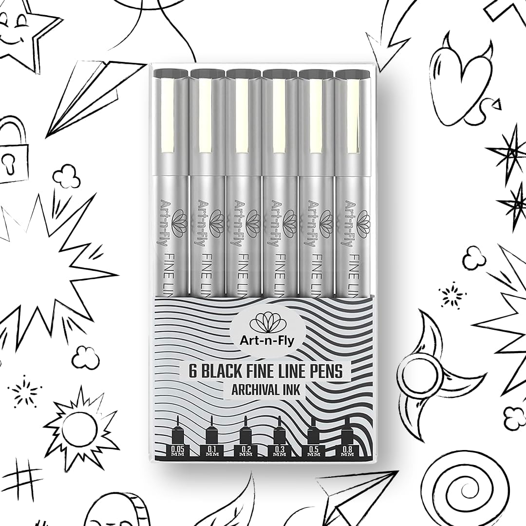 Art-n-Fly Micro Pen Set, 6 Assorted Tip Sizes, Black Waterproof Fineliner Pens with Japanese Archival Pigment Ink, Quick-Dry, No-Bleed Fine Point Pens for Drawing, Sketching, Manga & Illustration