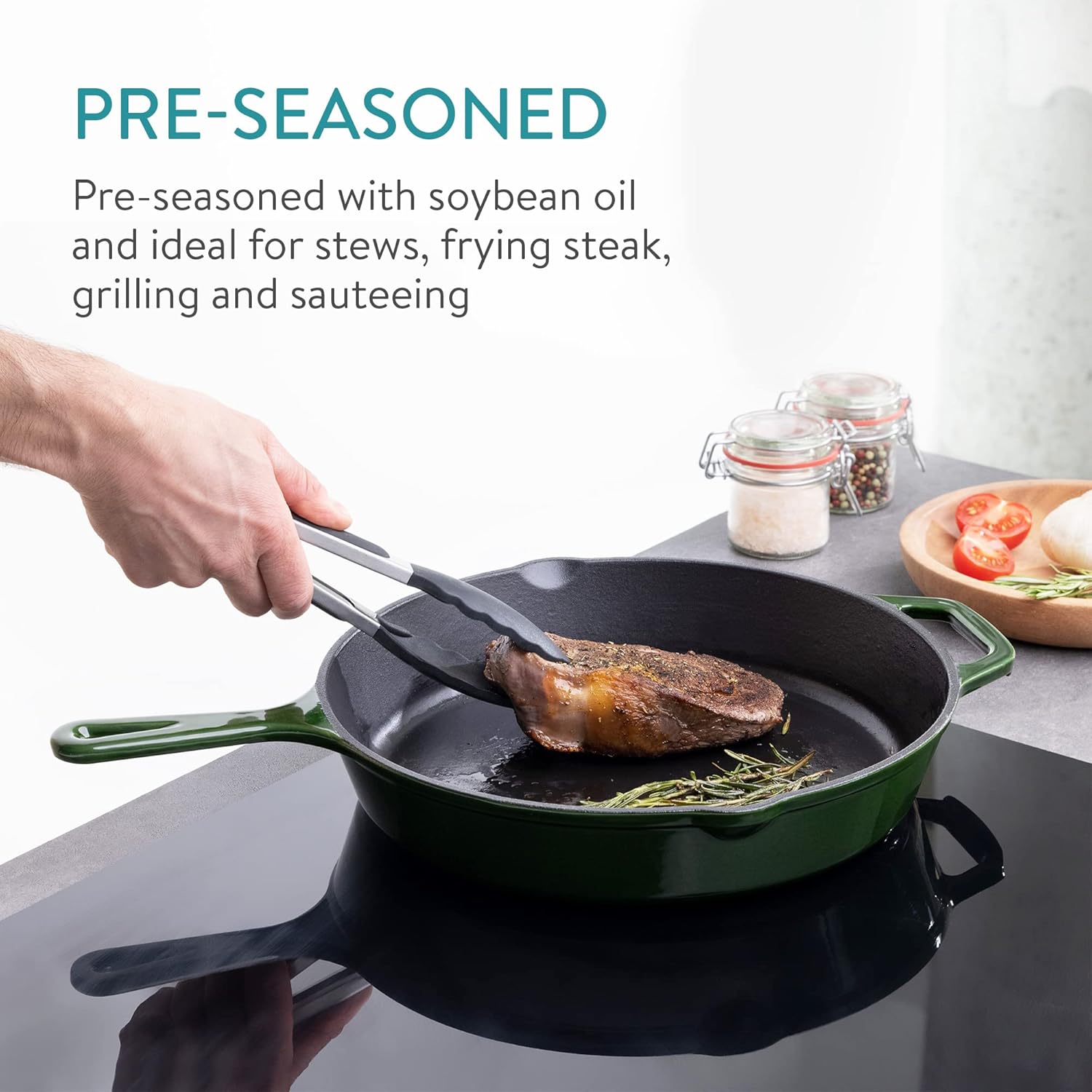 Navaris Enameled Cast Iron Skillet - 12" (30cm) Pre-Seasoned Frying Pan with Helper Handle, Pour Spouts, for Oven, Stovetop, Grill & Campfire, Non-Toxic, Even- Heating, Green