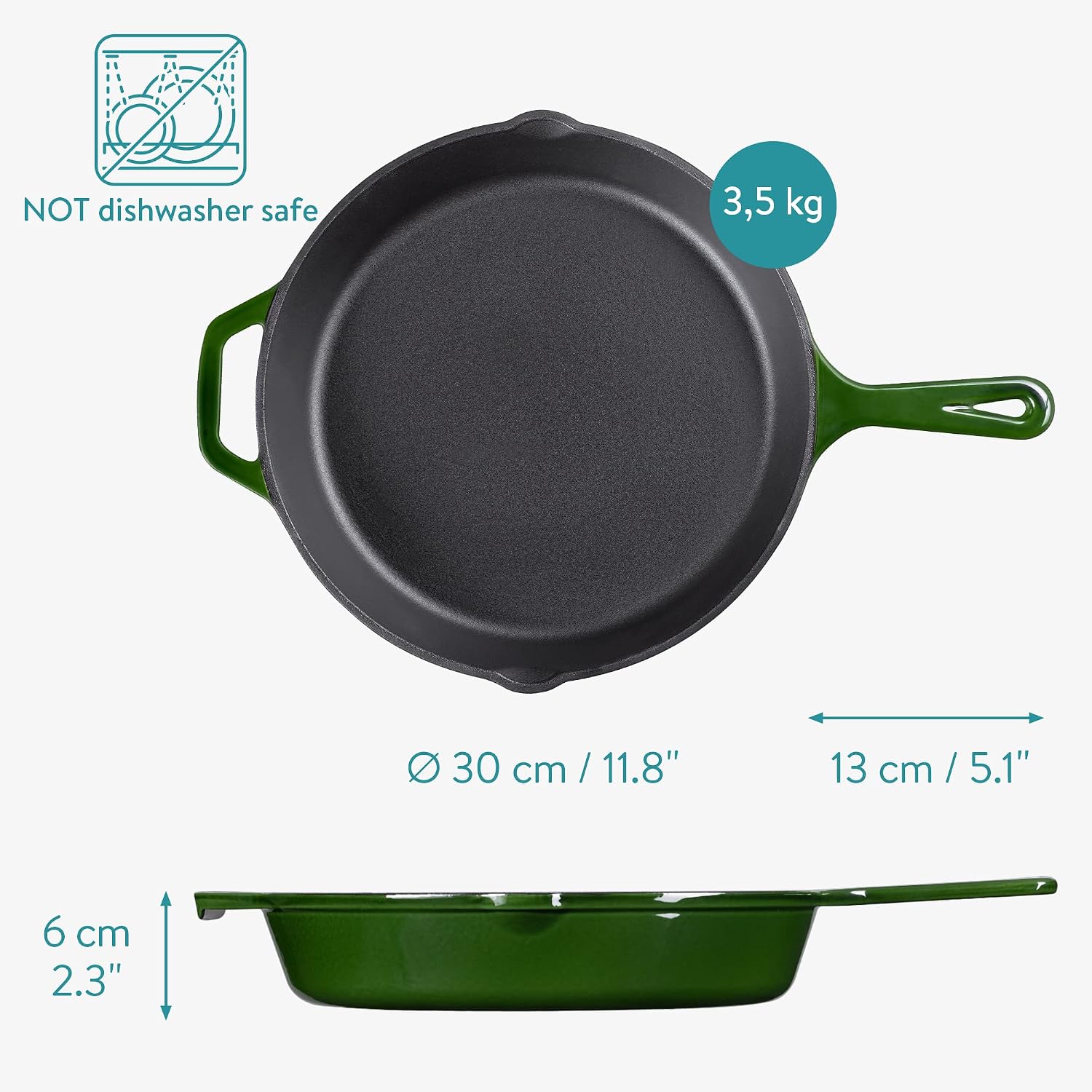 Navaris Cast Iron Skillet – 12" (30cm) Pre-Seasoned Frying Pan with Helper Handle & Pour Spouts for Oven, Stovetop, Grill & Campfire