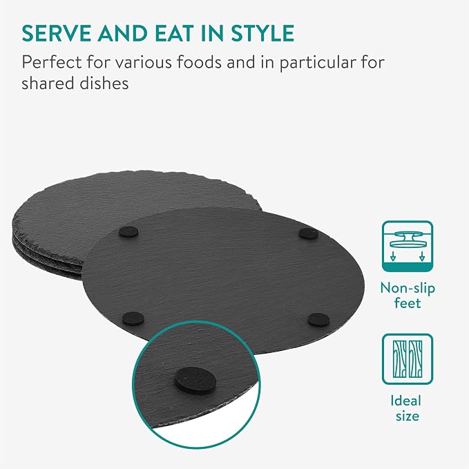 Navaris Round Slate Plate Placemats Set of 4 – 28cm Natural Slate Serving Plates with Chalk for Sushi, Cheese & Appetizers