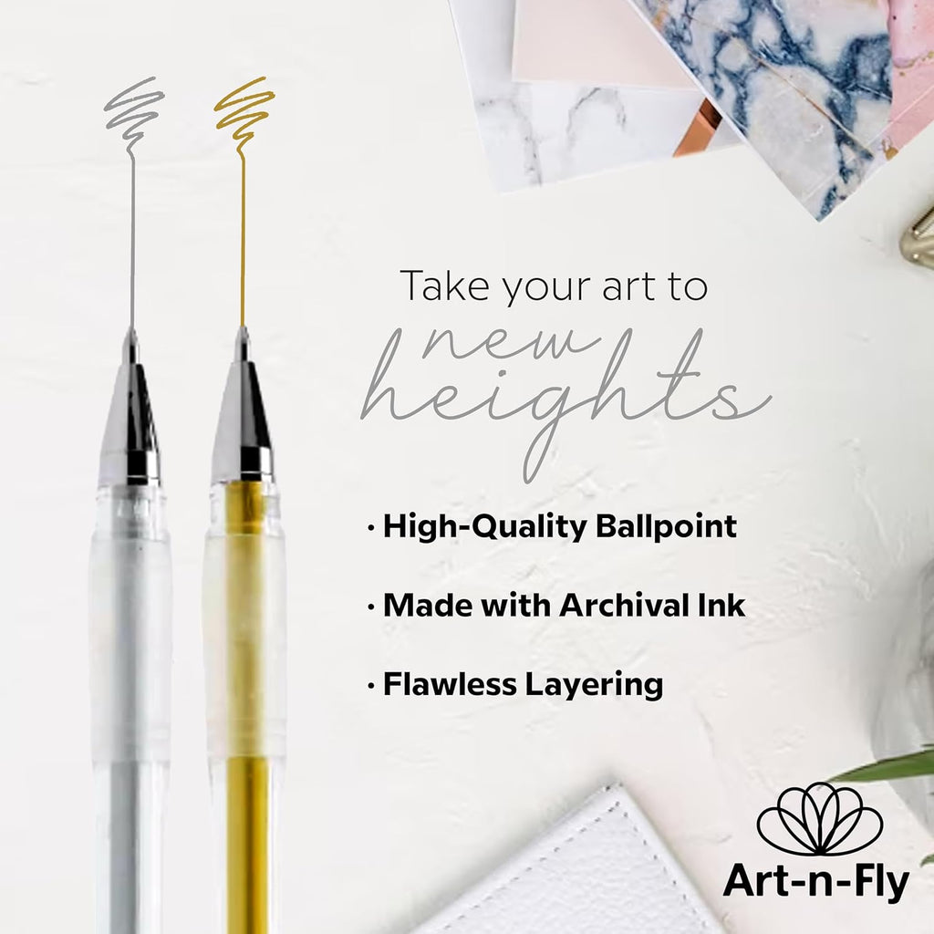 Art-n-Fly Gold & Silver Gel Pens, 6 Pack Metallic Fine Point Gel Pens, 0.7mm Tip with Japanese Archival Ink, Opaque Gold & Silver Pens for Black Paper, Drawing, Sketching, Journaling & Writing