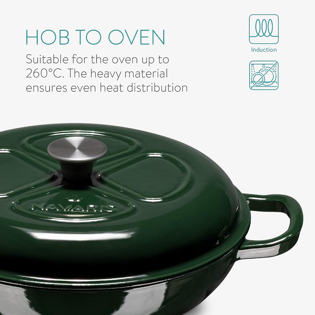 Navaris Dutch Oven Pan with Lid – 3.7 QT Enameled Cast Iron Skillet, Covered Round Casserole Pot, Induction Safe – Dark Green