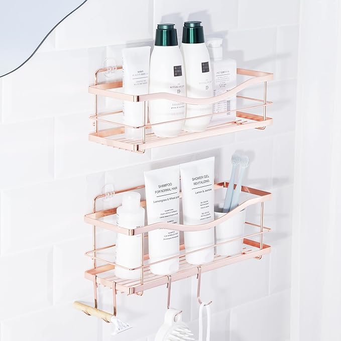 Kincmax Wall Mounted Bathroom Shelf – Rose Gold Metal Storage Rack with Guard Rail for Shower & Kitchen (2 Pack)