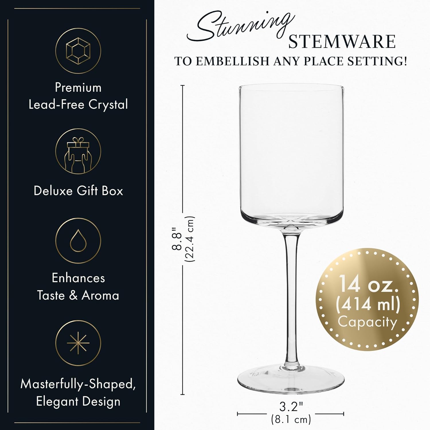 Elixir Premium Square Wine Glasses Set of 4 – 14oz Hand-Blown Crystal Glasses for Red & White Wine with Gift Packaging