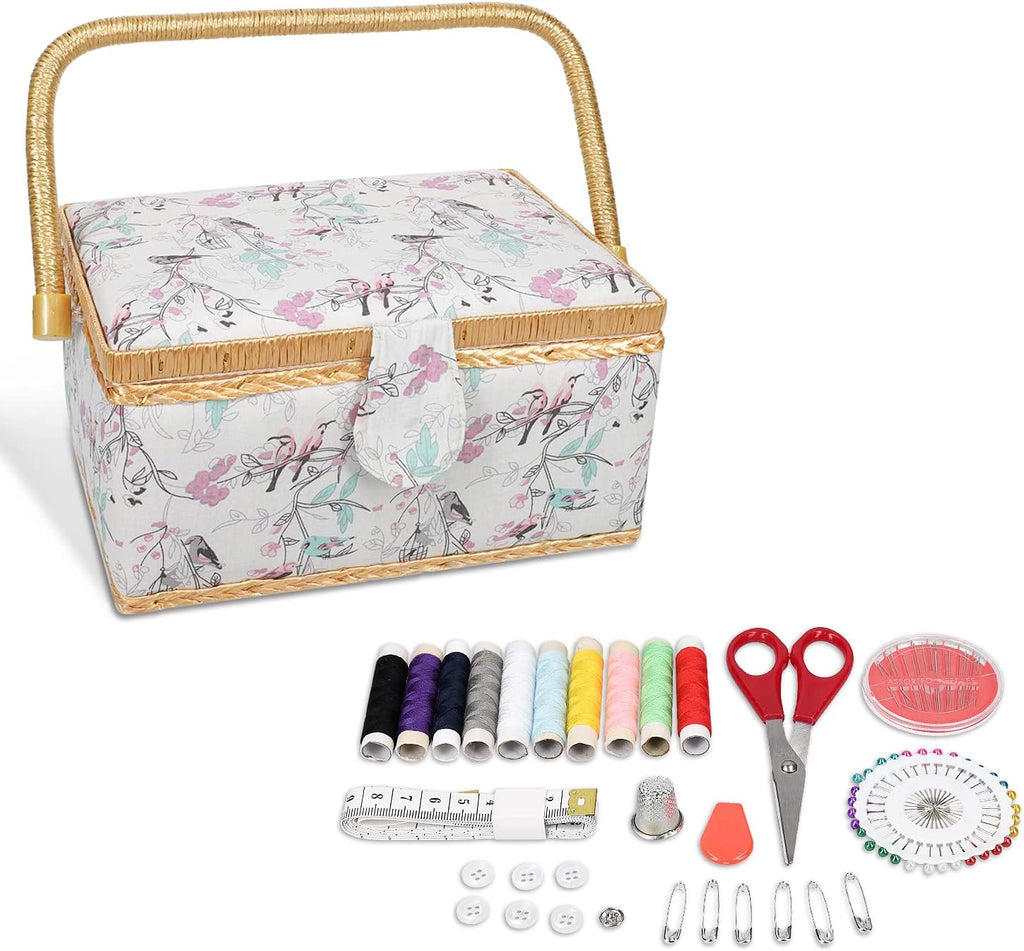Navaris Sewing Box with 76-Piece Sewing Kit Accessories – Bird Print Sew Basket Organizer with Removable Tray Compartments, 9.7" x 6.9" x 4.9"