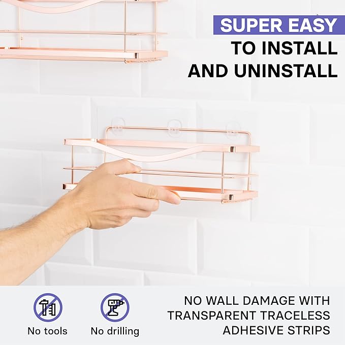 Kincmax Wall Mounted Bathroom Shelf – Rose Gold Metal Storage Rack with Guard Rail for Shower & Kitchen (2 Pack)