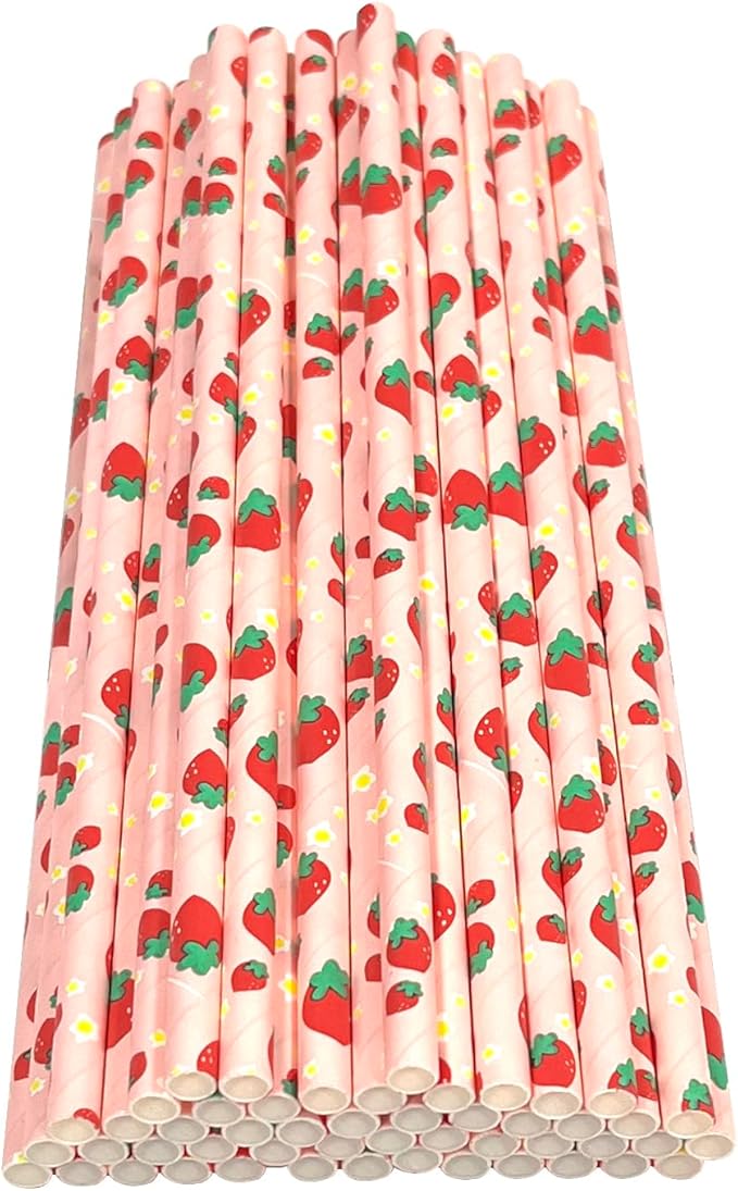 50PCS Biodegradable Paper Drinking Straws – Eco-Friendly Fruit Pattern (Watermelon Design) for Cocktails, Coffee & Cold Drinks