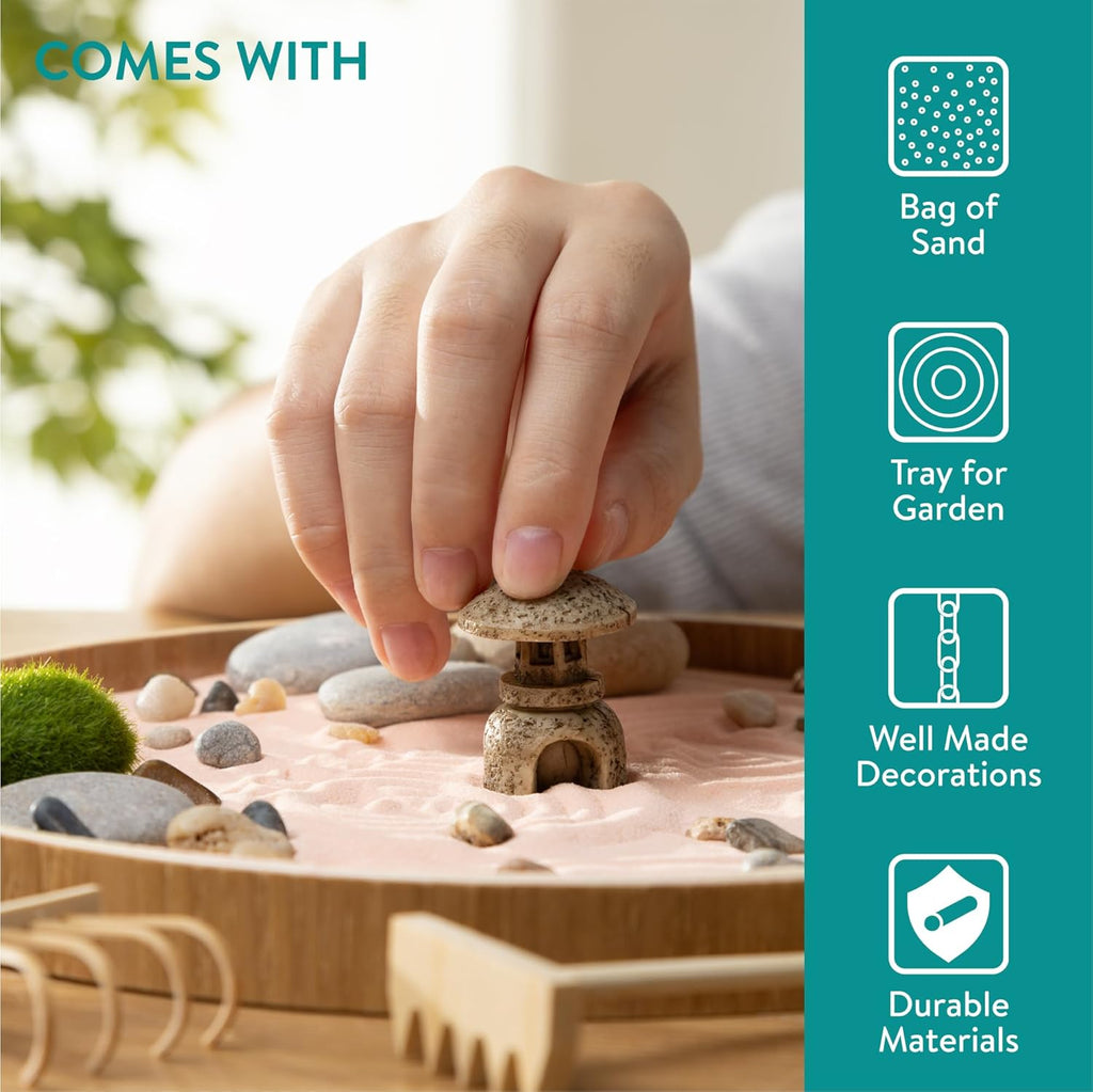 Navaris Zen Garden Kit – Mini Japanese Sand Garden with Pink Sand, Meditation Stones & Decorative Ornaments, Round MDF Tray