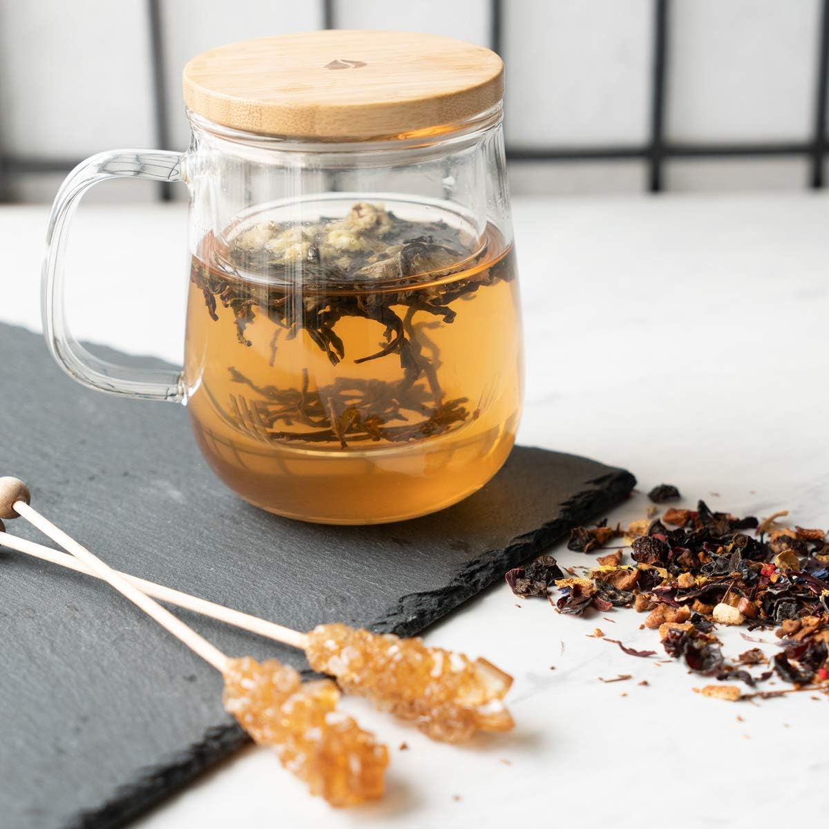 Navaris Tea Mug with Infuser & Bamboo Lid – 16.9oz (500ml) Borosilicate Glass Tea Cup for Loose Leaf Tea
