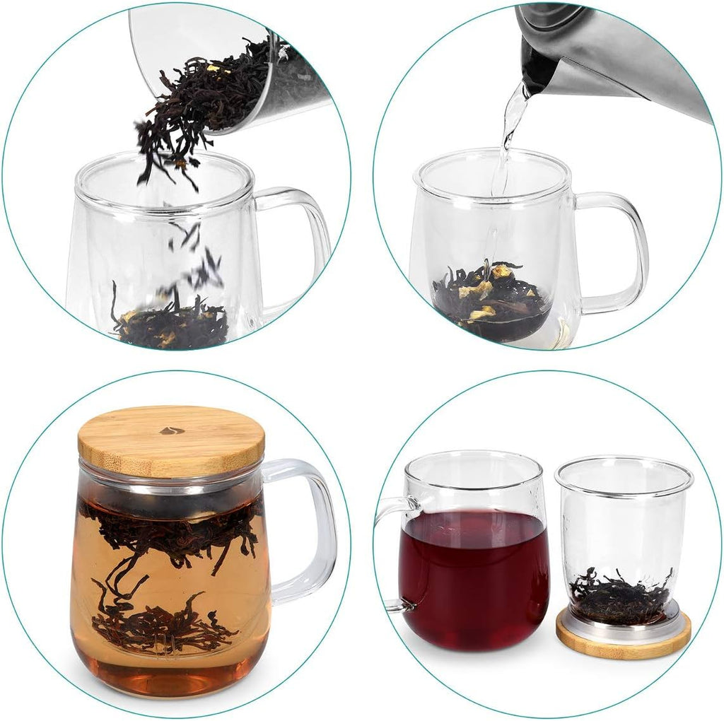 Navaris Tea Mug with Infuser & Bamboo Lid – 16.9oz (500ml) Borosilicate Glass Tea Cup for Loose Leaf Tea
