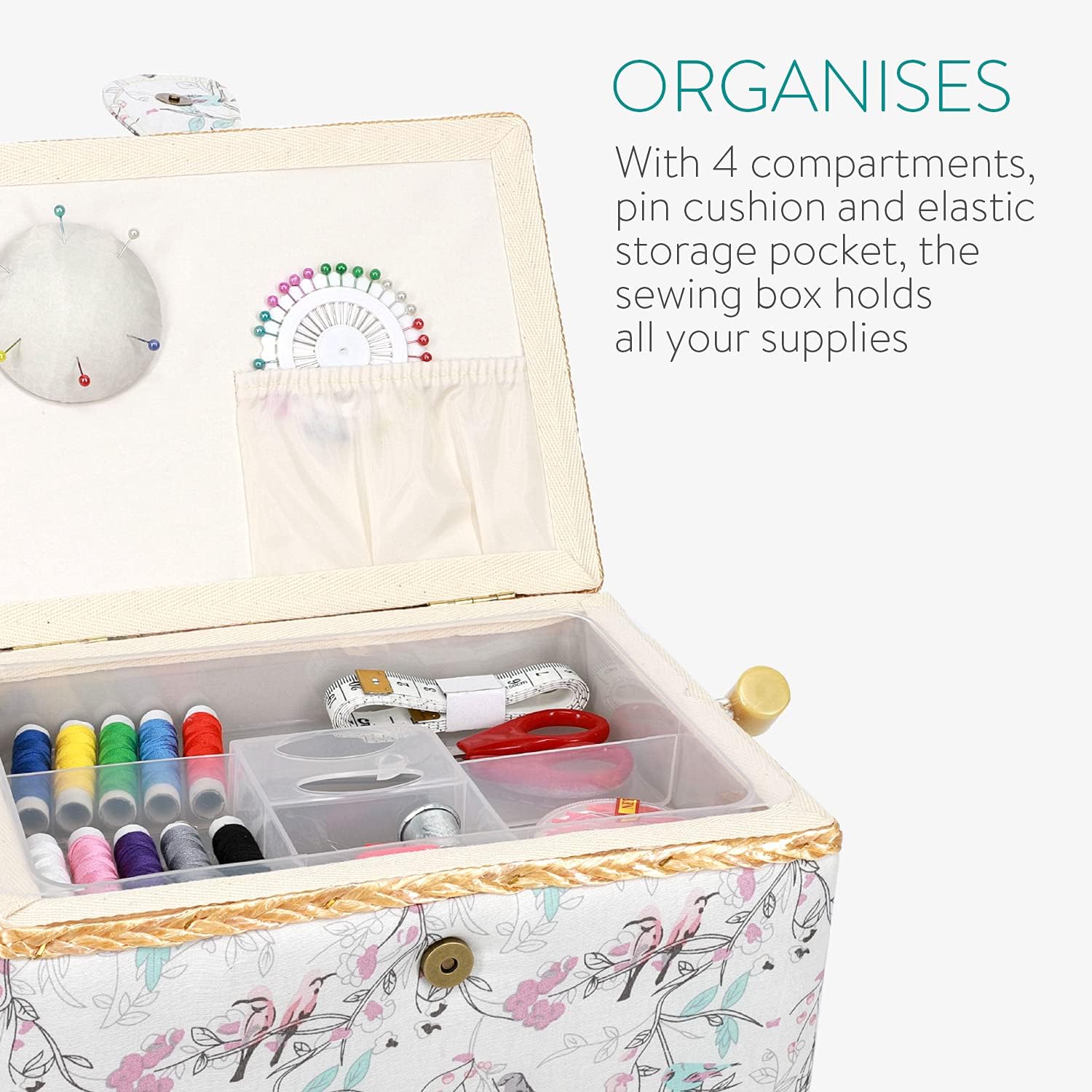 Navaris Sewing Box with 76-Piece Sewing Kit Accessories – Bird Print Sew Basket Organizer with Removable Tray Compartments, 9.7" x 6.9" x 4.9"