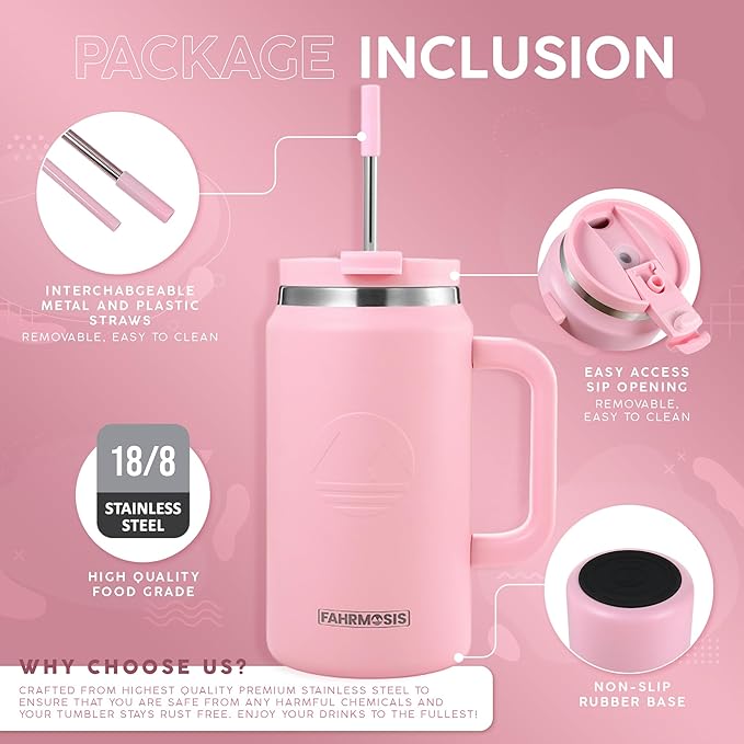 50 oz Insulated Tumbler with Handle & Straw – Stainless Steel Travel Mug (Pink)