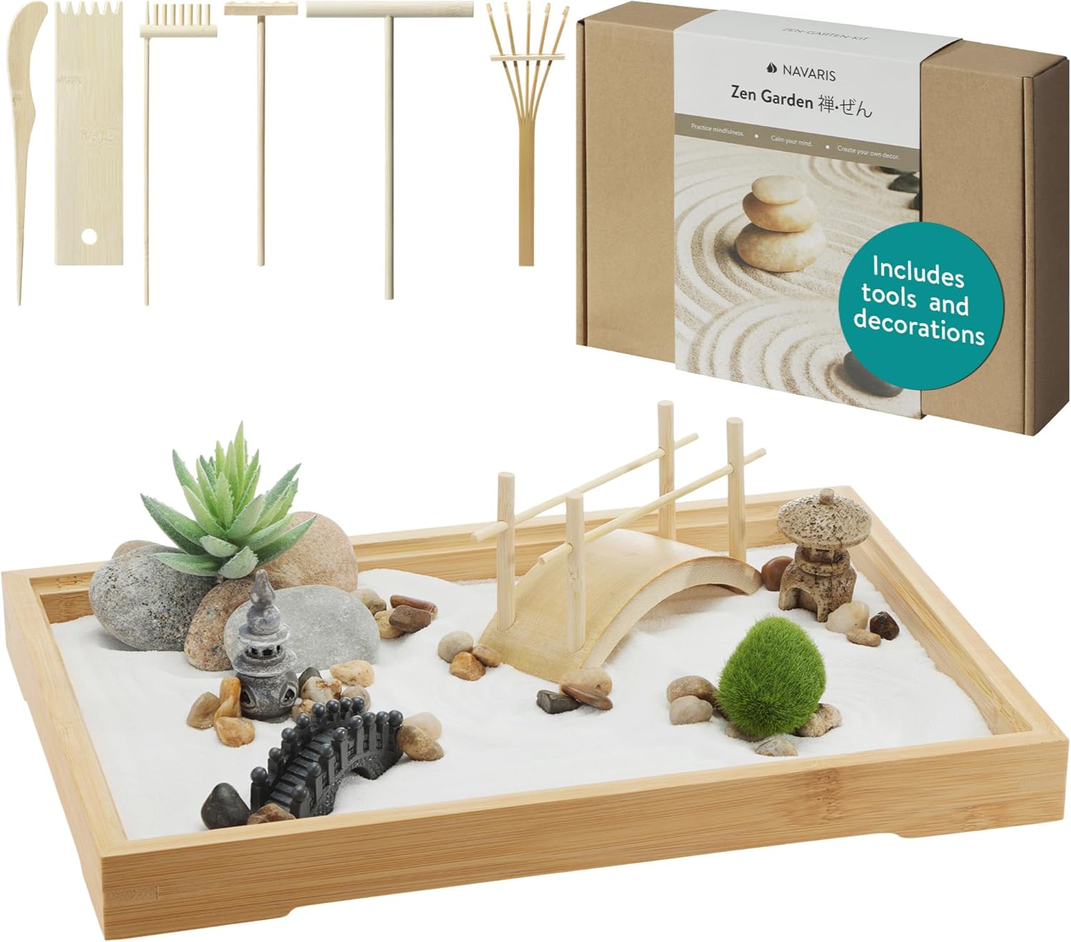 Navaris Zen Garden Kit – Mini Japanese Sand Garden with White Sand, Meditation Stones & Decorative Ornaments, Rectangular Bamboo Tray
