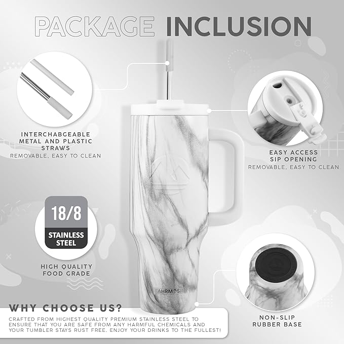 40 oz Insulated Tumbler with Handle & Straw – Cup Holder Friendly Stainless Steel Travel Mug (White Marble)