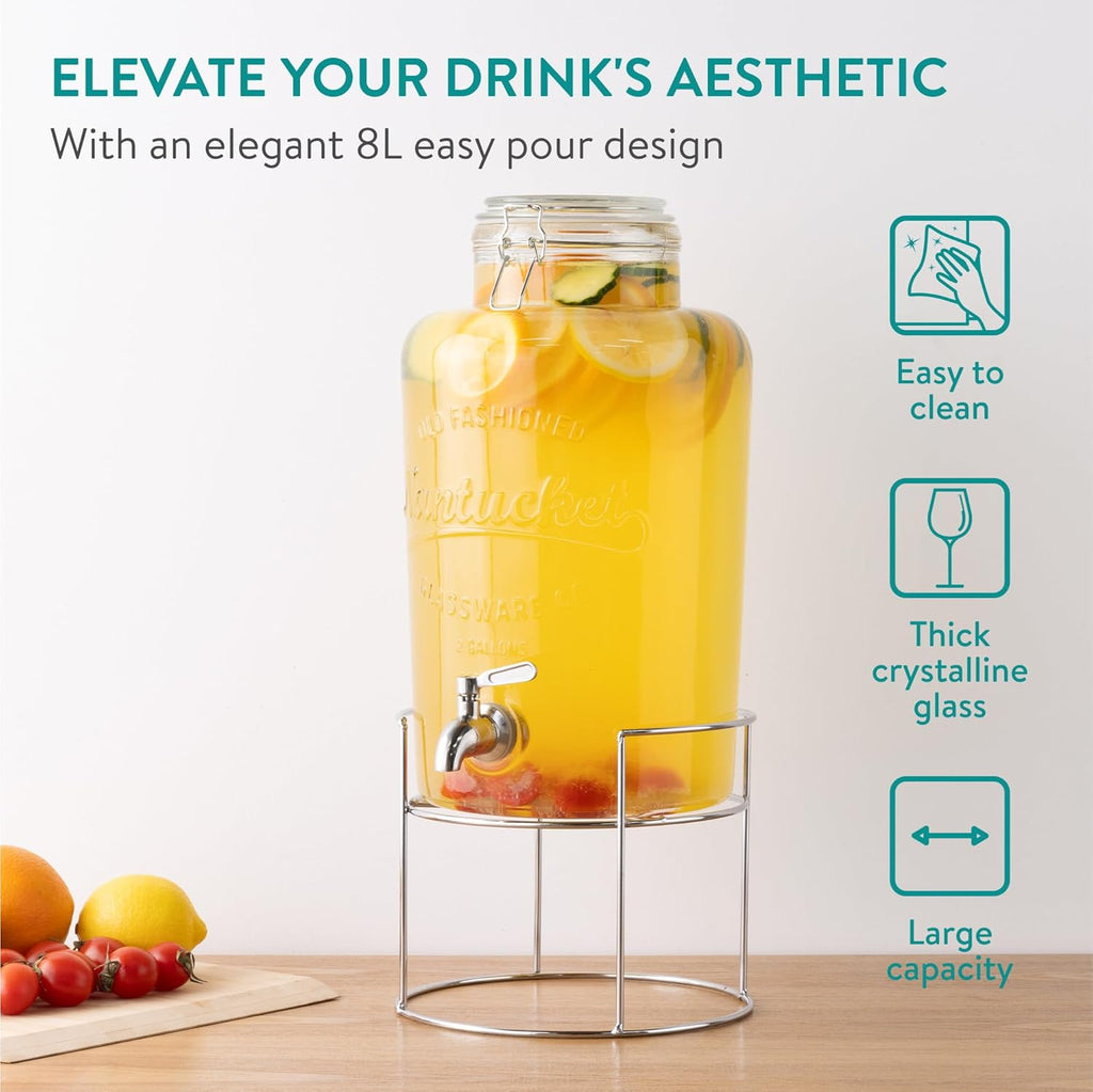 Navaris Glass Water Dispenser with Tap – 8L (2.1 Gallon) Beverage Dispenser with Stainless Steel Spigot & Silver Stand