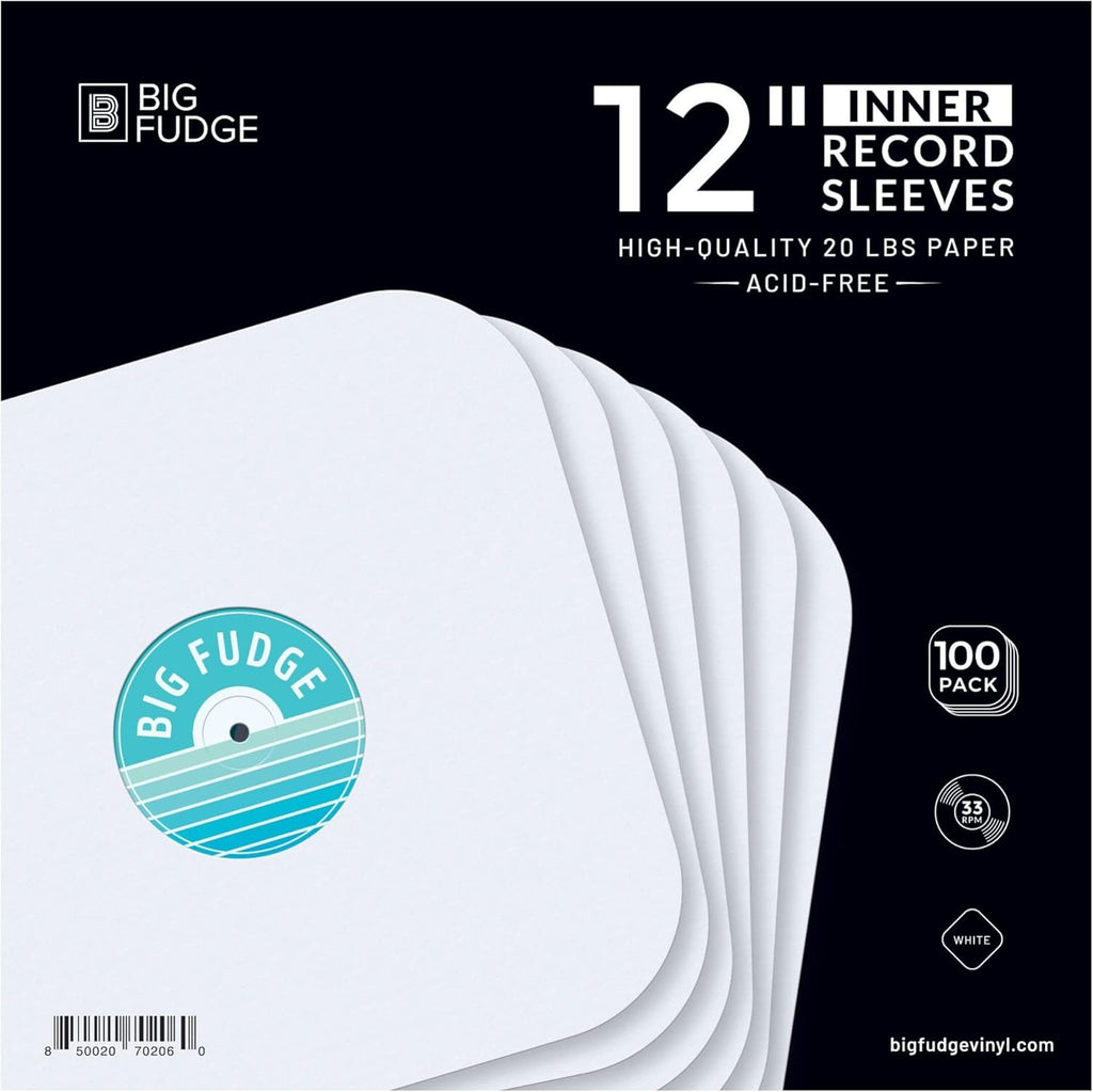 Big Fudge 12" Vinyl Record Inner Sleeves – 100 Pack Heavyweight Acid-Free Paper LP Record Covers for Dust, Dirt & Scratch Protection