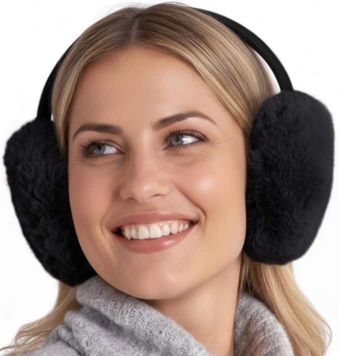 Brook + Bay Foldable Faux Fur Earmuffs - Adjustable Velvet Lined Ear Warmers for Women, Men & Kids - Black