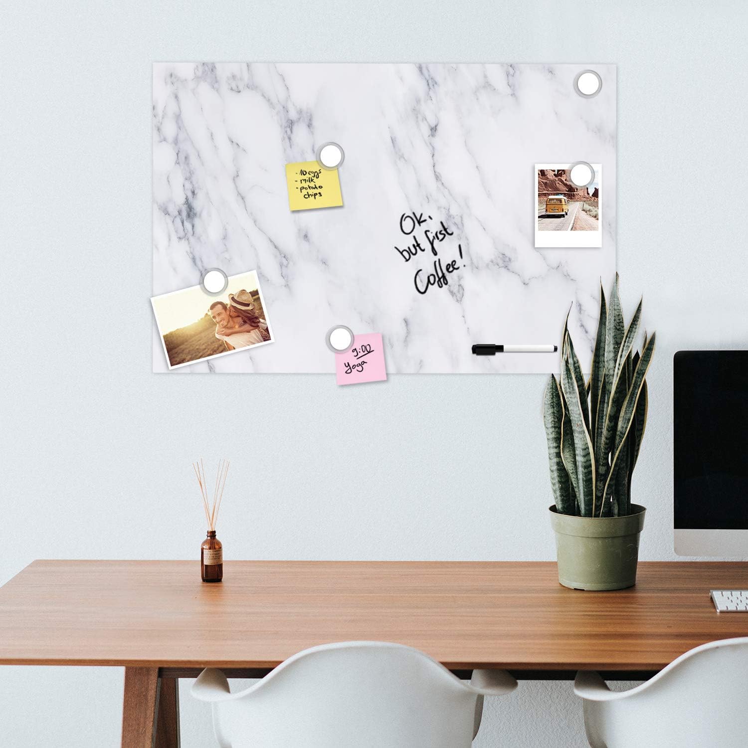 Navaris Magnetic Dry Erase Board with White Marble Design - 24 x 36 Inch Decorative Whiteboard for Wall - Includes Marker & 5 Mag