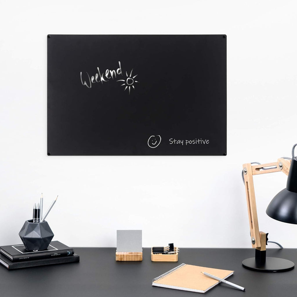 Navaris Metal Magnet Board - 22.1 x 15 Inch Magnetic Wall Panel for Kitchen, Office, Bedroom & Home - Includes Magnets and Chalk Pen - Black