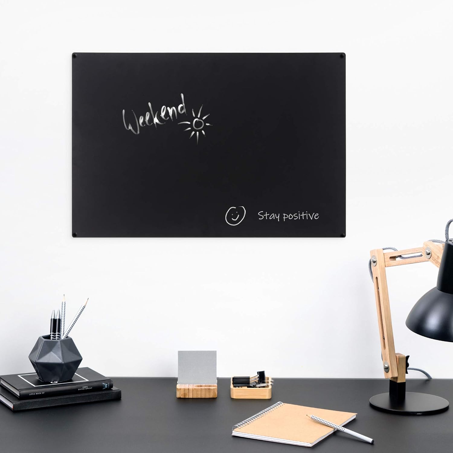 Navaris Metal Magnet Board - 22.1 x 15 Inch Magnetic Wall Panel for Kitchen, Office, Bedroom & Home - Includes Magnets and Chalk Pen - Black
