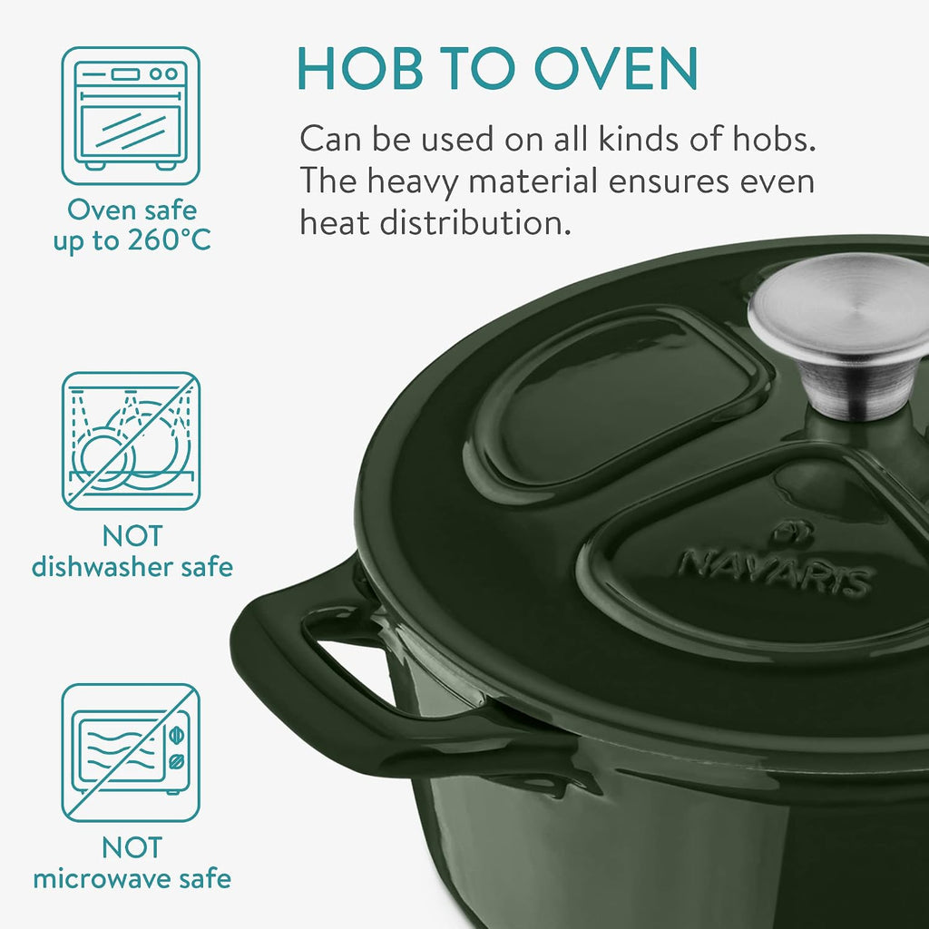 Navaris Enameled Dutch Oven – 3.7 QT Cast Iron Pot with Lid, 9.5" Round Enamel Cookware, Induction Safe – Glossy Dark Green