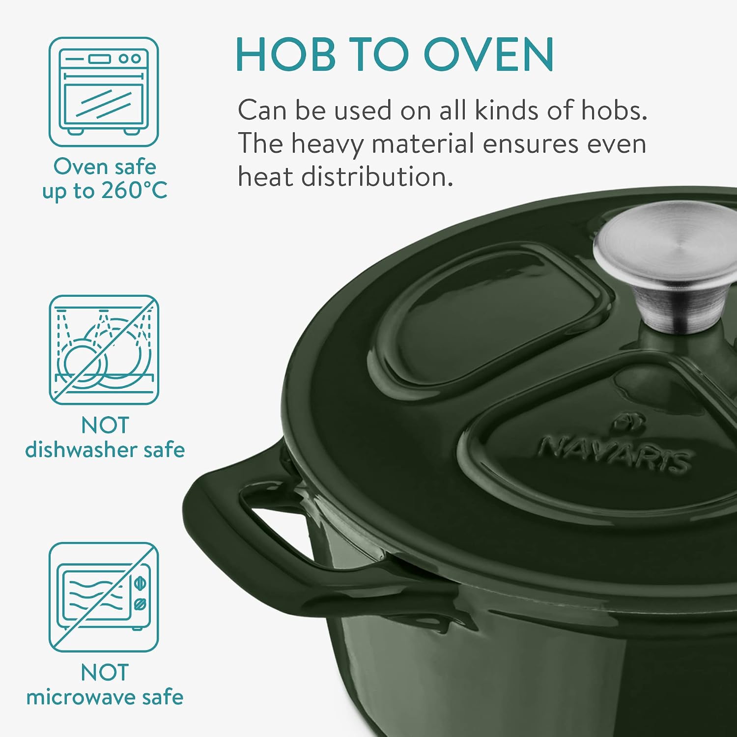 Navaris Enameled Dutch Oven – 3.7 QT Cast Iron Pot with Lid, 9.5" Round Enamel Cookware, Induction Safe – Glossy Dark Green
