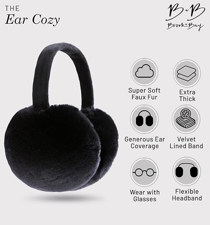 Brook + Bay Foldable Faux Fur Earmuffs - Adjustable Velvet Lined Ear Warmers for Women, Men & Kids - Black