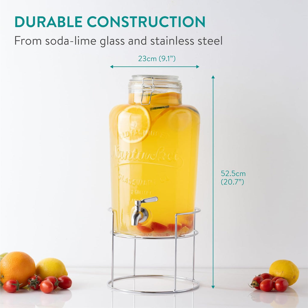 Navaris Glass Water Dispenser with Tap – 8L (2.1 Gallon) Beverage Dispenser with Stainless Steel Spigot & Silver Stand