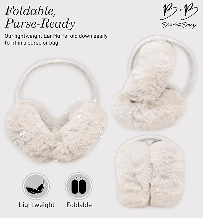 Brook + Bay Foldable Faux Fur Earmuffs - Adjustable Velvet Lined Ear Warmers for Women, Men & Kids - White