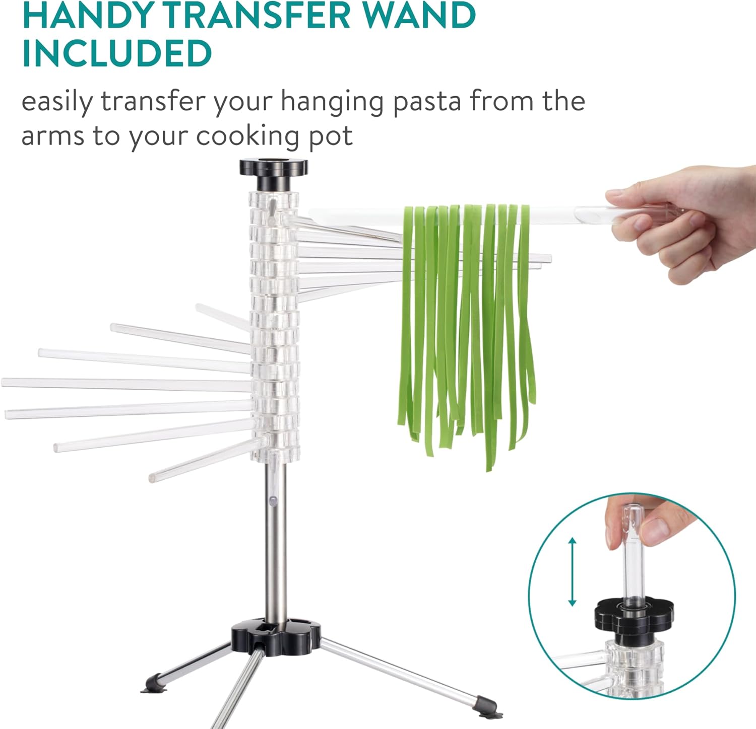 Navaris Collapsible Pasta Drying Rack – Tall Compact Pasta Stand with 16 Rods for Homemade Pasta, Spaghetti & Noodles (Silver)