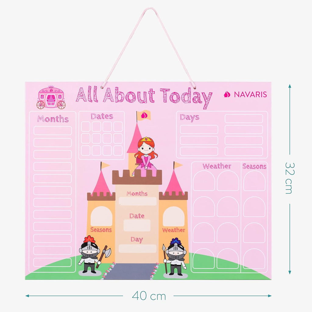 Navaris Kids Magnetic Calendar Board - My First Calendar Educational Wall Chart with Daily Magnet Stickers, Seasons, Weather & Months for Children - Pink Princess
