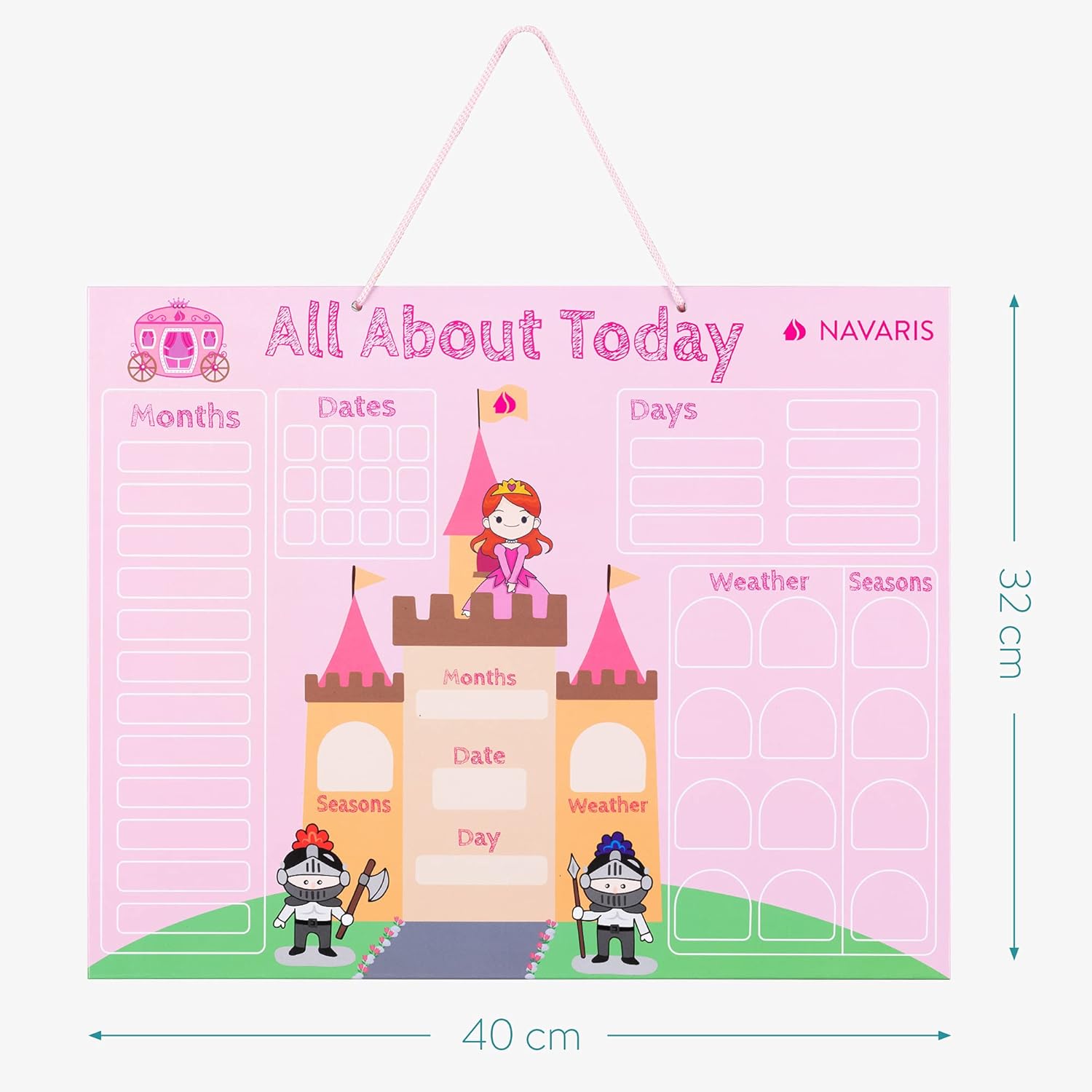 Navaris Kids Magnetic Calendar Board - My First Calendar Educational Wall Chart with Daily Magnet Stickers, Seasons, Weather & Months for Children - Pink Princess