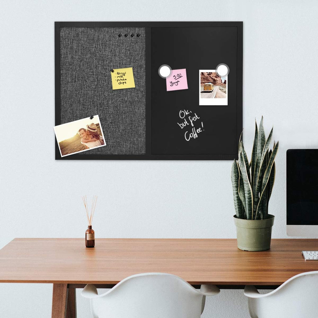Navaris Combination Chalk and Pin Board - 45 x 60 cm Magnetic Chalkboard & Fabric Notice Board for Wall - Includes Chalk Pen, Push Pins & Magnets