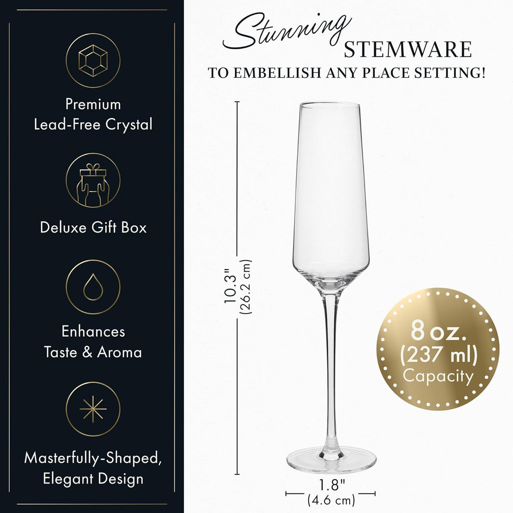 ELIXIR GLASSWARE Classy Champagne Flutes Set of 4 – 8oz Hand-Blown Crystal Champagne Glasses for Weddings, Engagements & Housewarming Gifts