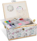 Navaris Sewing Box with 76-Piece Sewing Kit Accessories – Bird Print Sew Basket Organizer with Removable Tray Compartments, 9.7" x 6.9" x 4.9"