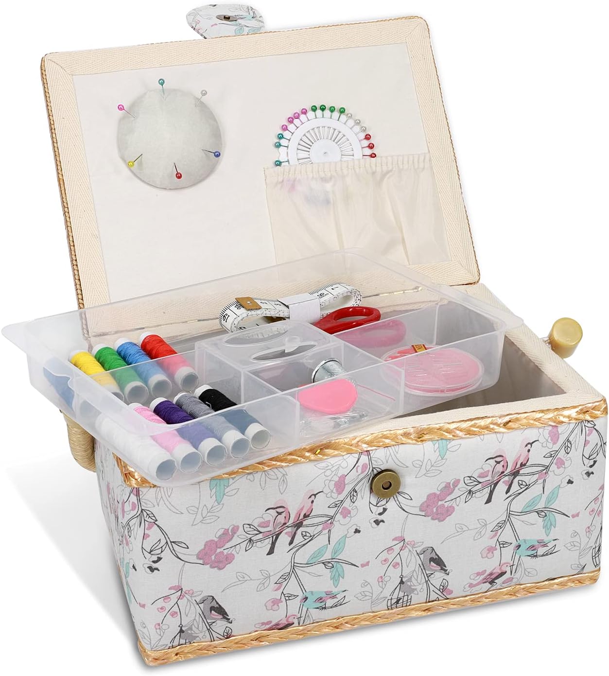 Navaris Sewing Box with 76-Piece Sewing Kit Accessories – Bird Print Sew Basket Organizer with Removable Tray Compartments, 9.7" x 6.9" x 4.9"