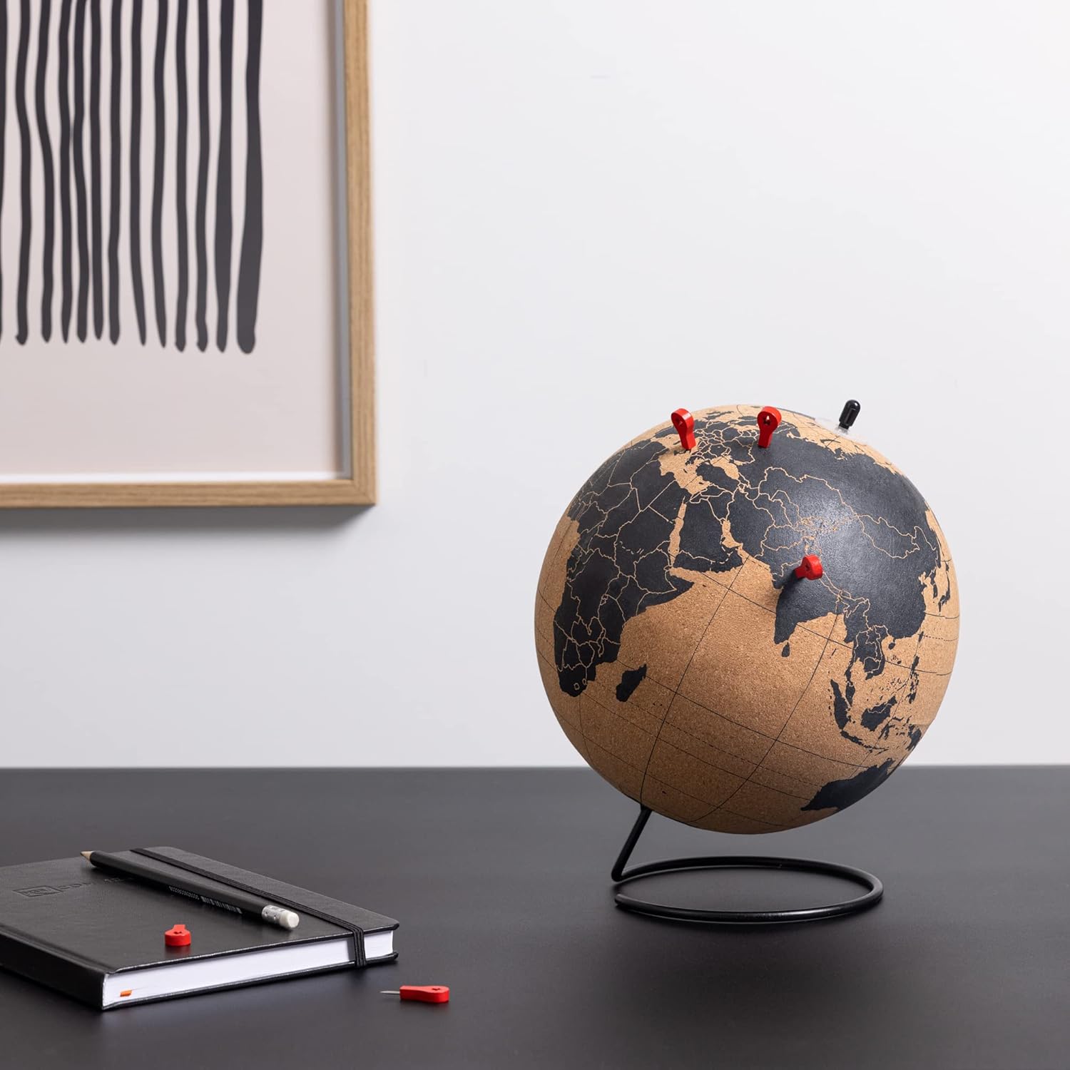 Navaris Cork Globe with Pins - 20 cm (8 Inch) Travel Decor World Map Globe with Push Pin Markers - Includes 10 Wooden Location Pins - Black Print