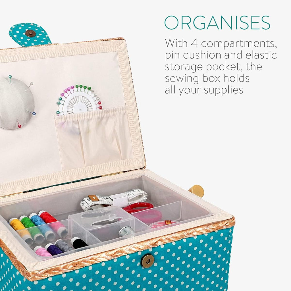 Navaris Sewing Box with 76-Piece Sewing Kit Accessories – Dotted Print Sew Basket Organizer with Removable Tray Compartments, 9.7" x 6.9" x 4.9"