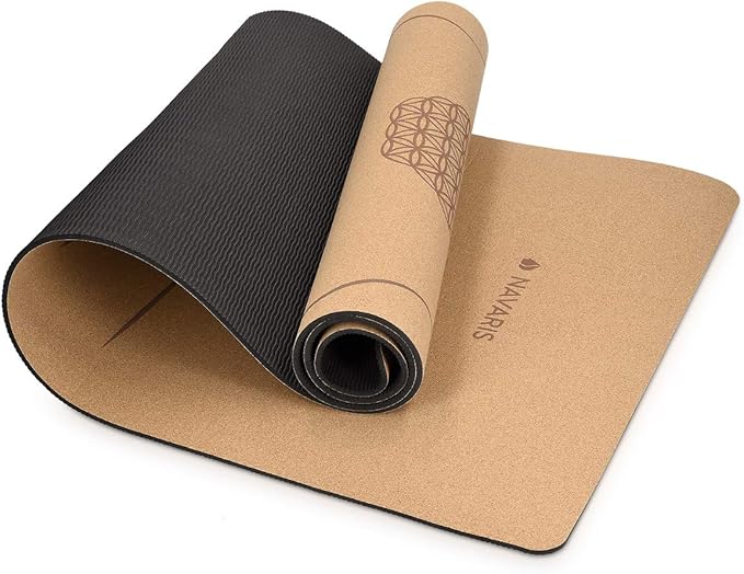 Navaris Cork Yoga Mat with Alignment Lines – Non-Slip Natural Cork Exercise Mat with Carry Strap (72" x 24")